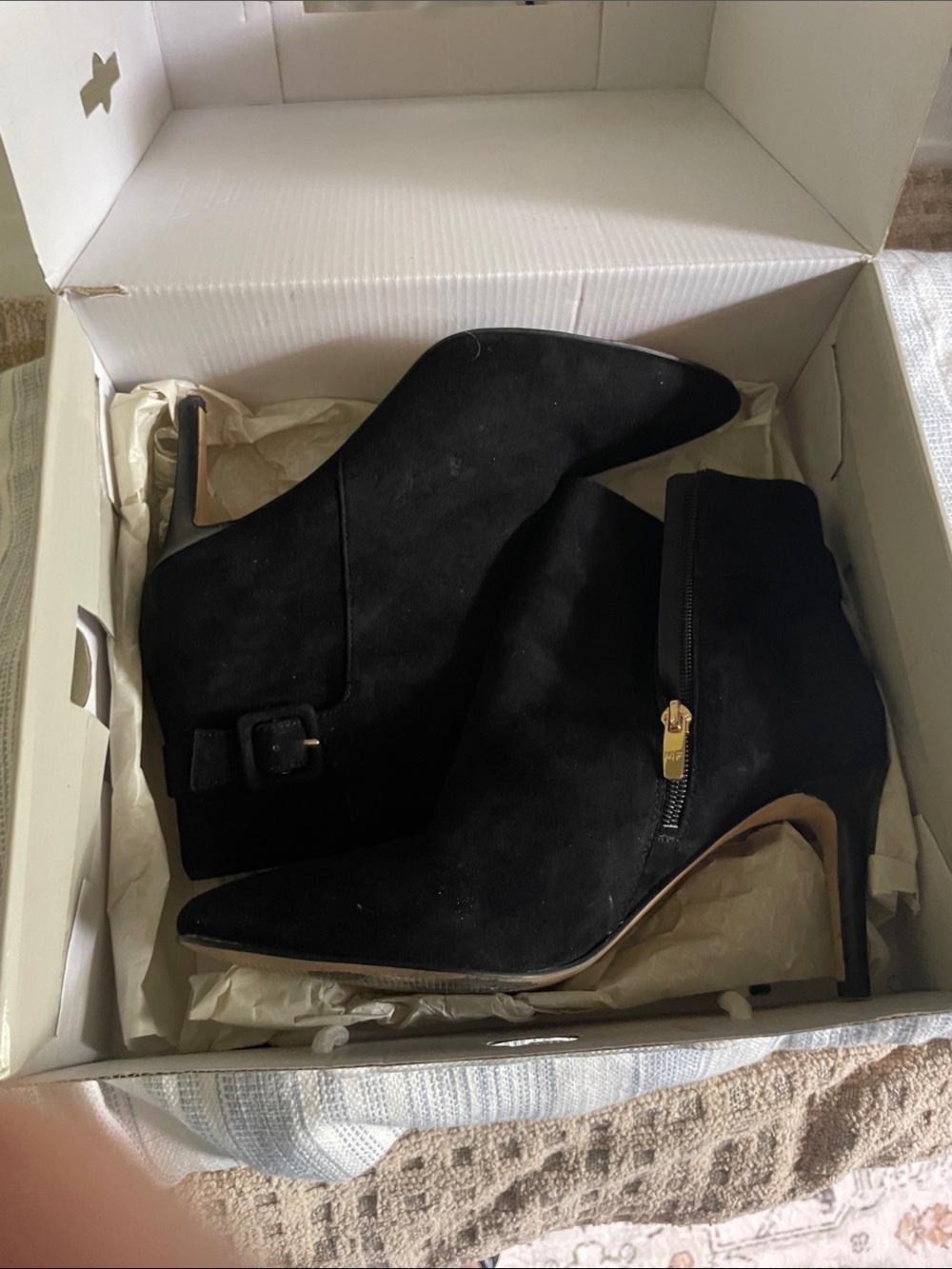 Marc Fisher Black Suede Pointed Toe Ankle Booties with Stiletto Heel